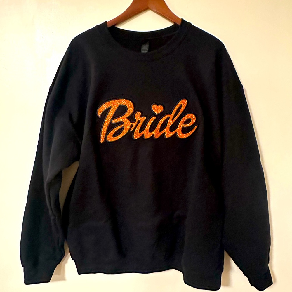 EUC Black BRIDE Sweatshirt with Orange Sparkly Text XL
